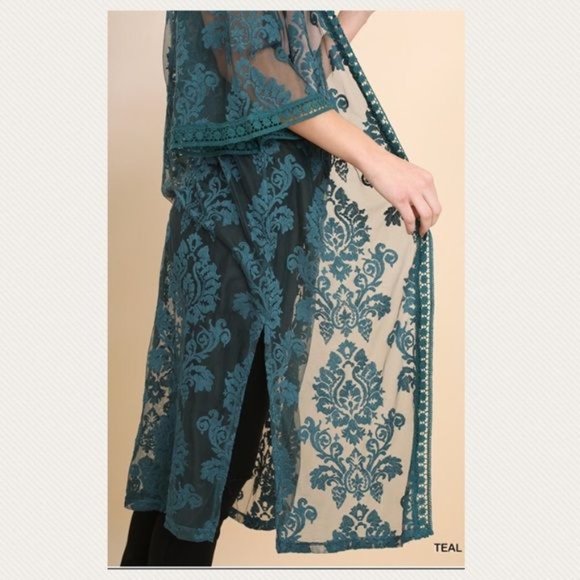 S/M Umgee Long lace open cardigan dark teal - Picture 4 of 8